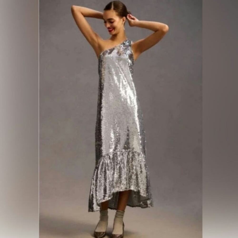 Anthropologie Maeve One-Shoulder Sequin‎ Maxi Dress Size: XL